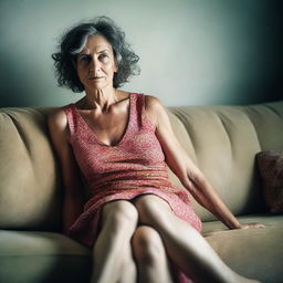 A 50-year-old woman wearing a revealing and sexy summer dress, sitting on a sofa