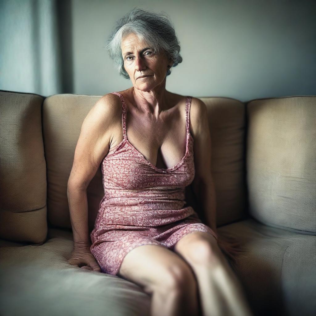 A 50-year-old woman wearing a revealing and sexy summer dress, sitting on a sofa