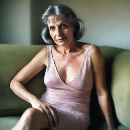 A 50-year-old woman wearing a revealing and sexy summer dress, sitting on a sofa