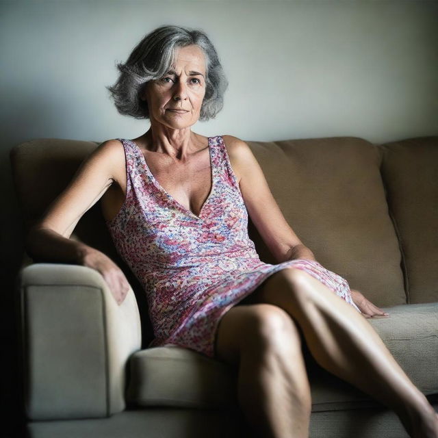 A 50-year-old woman wearing a revealing and sexy summer dress, sitting on a sofa