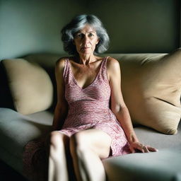 A 50-year-old woman wearing a revealing and sexy summer dress, sitting on a sofa