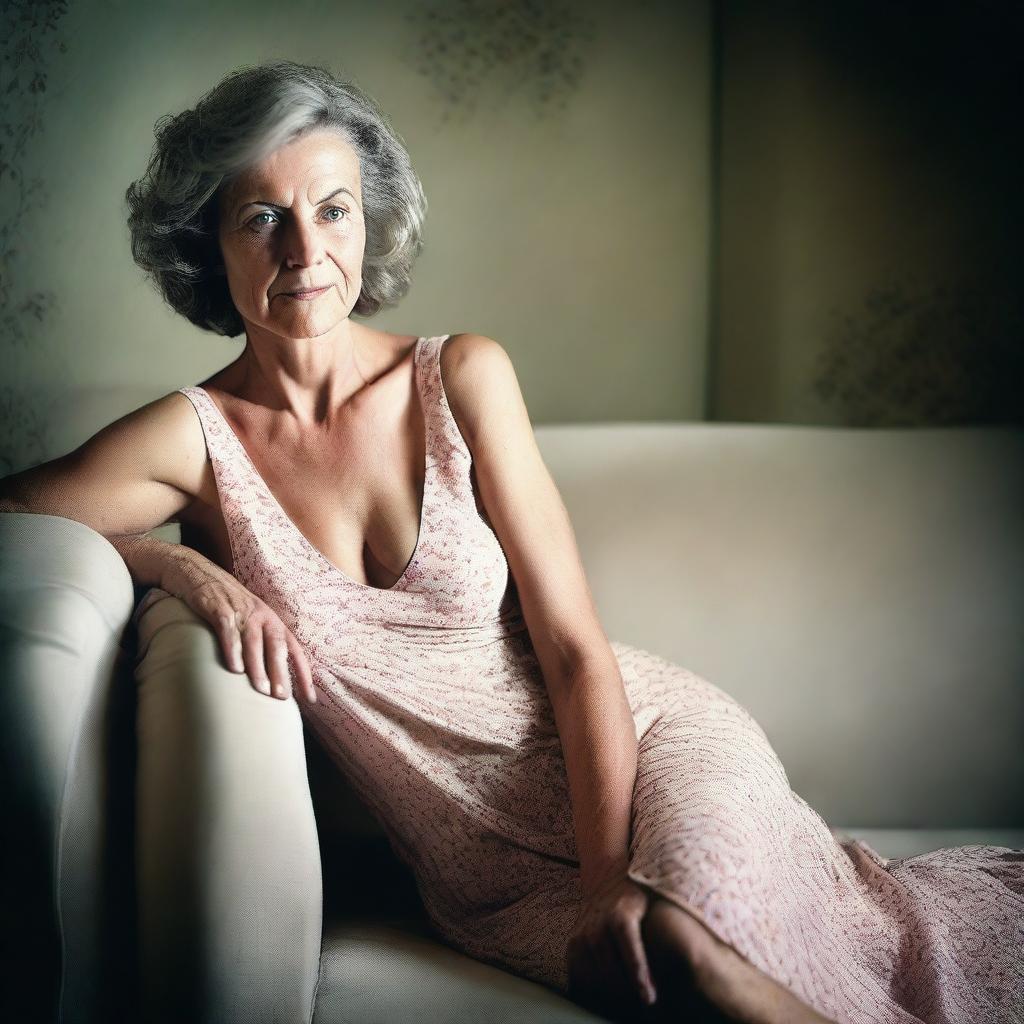 A 50-year-old woman wearing a revealing and sexy summer dress, sitting on an elegant sofa in a classic room