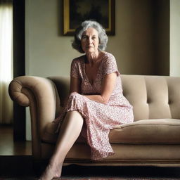 A 50-year-old woman wearing a revealing and sexy summer dress, sitting on an elegant sofa in a classic room