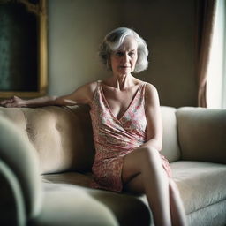 A 50-year-old woman wearing a revealing and sexy summer dress, sitting on an elegant sofa in a classic room