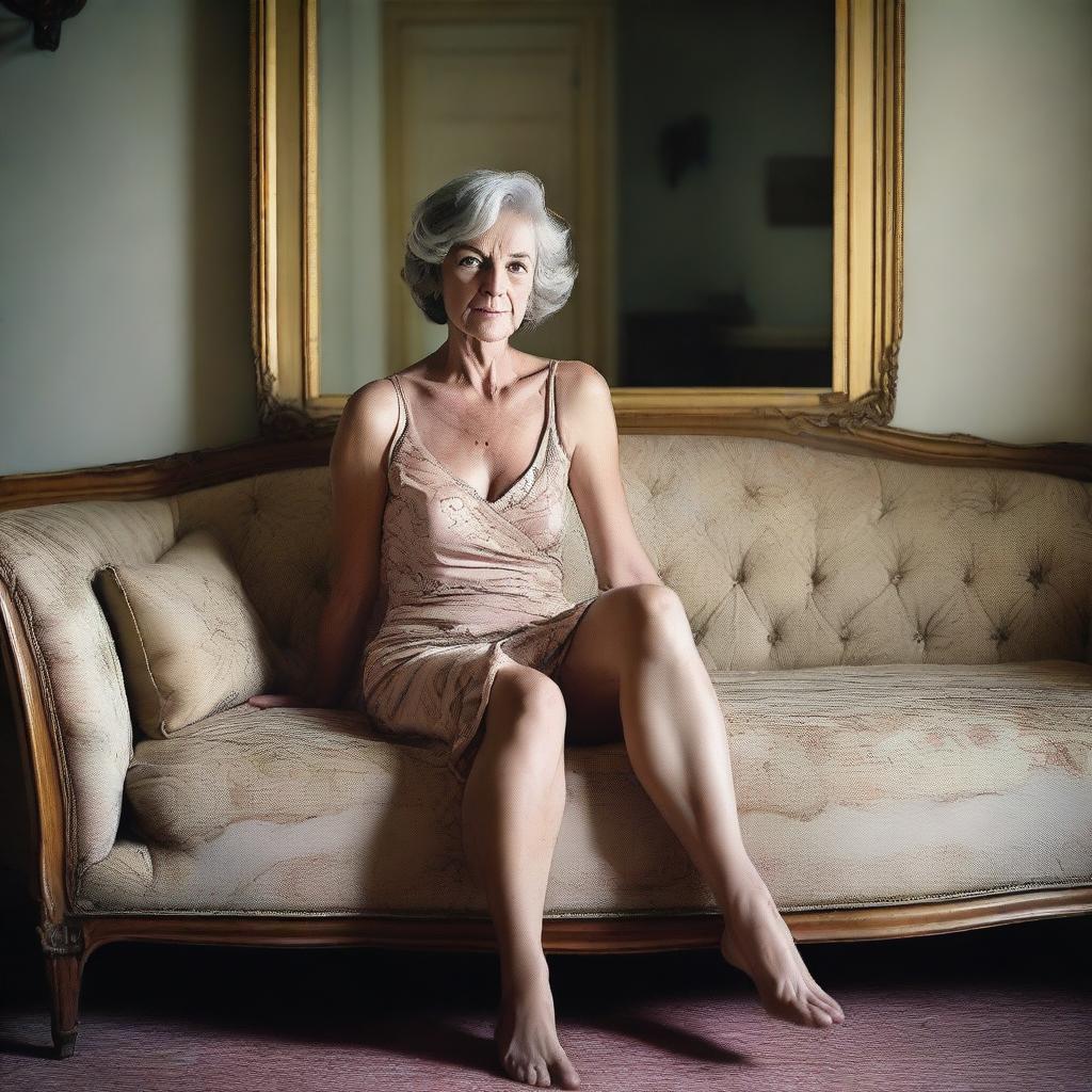 A 50-year-old woman wearing a revealing and sexy summer dress, sitting on an elegant sofa in a classic room with a mirror