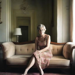 A 50-year-old woman wearing a revealing and sexy summer dress, sitting on an elegant sofa in a classic room with a mirror