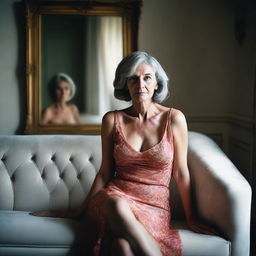 A 50-year-old woman wearing a revealing and sexy summer dress, sitting on an elegant sofa in a classic room with a mirror