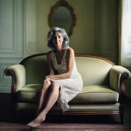 A 50-year-old woman wearing a revealing and sexy summer dress, sitting on an elegant sofa in a classic room with a mirror