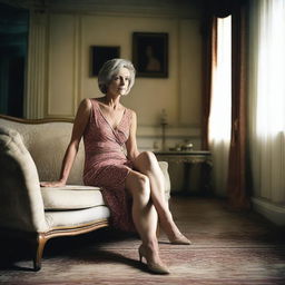 A 50-year-old woman wearing a revealing and sexy summer dress, sitting on an elegant sofa in a classic room with a mirror