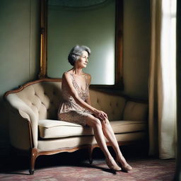 A 50-year-old woman wearing a revealing and sexy summer dress, sitting on an elegant sofa in a classic room with a mirror