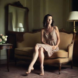 A 50-year-old woman with brown hair wearing a revealing summer dress, sitting on an elegant sofa in a classic room with a mirror