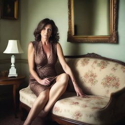 A 50-year-old woman with brown hair wearing a revealing summer dress, sitting on an elegant sofa in a classic room with a mirror