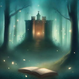 A captivating book cover featuring a mystical forest with a hidden path leading to an ancient castle