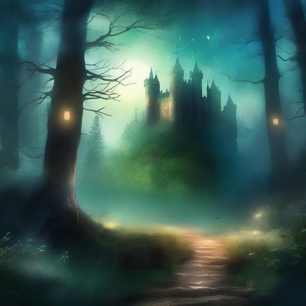 A captivating book cover featuring a mystical forest with a hidden path leading to an ancient castle