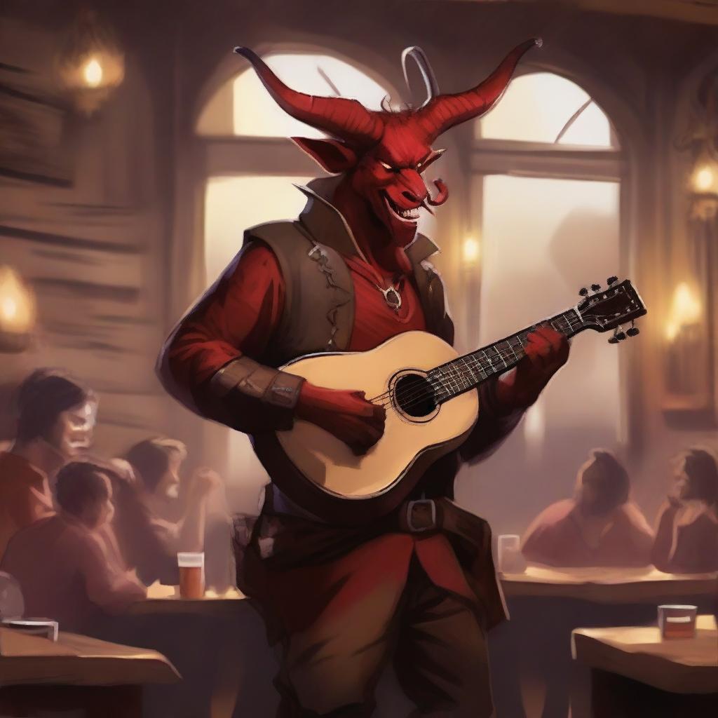 A Tiefling bard with red skin and horns, holding a lute in one hand and a rapier on his belt, singing joyfully in a lively tavern