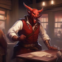 A Tiefling bard with red skin and horns, holding a lute in one hand and a rapier on his belt, singing joyfully in a lively tavern