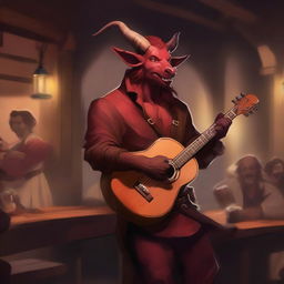 A Tiefling bard with red skin and horns, holding a lute in one hand and a rapier on his belt, singing joyfully in a lively tavern