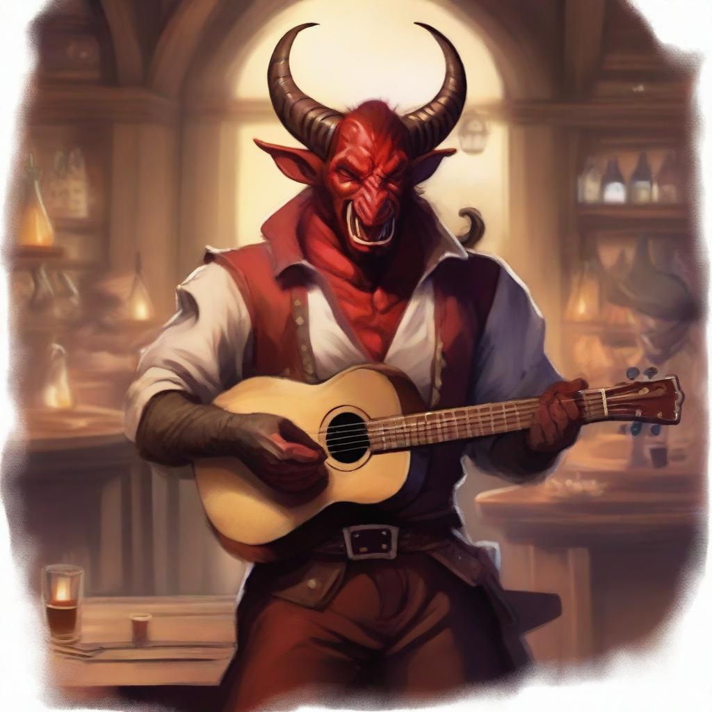 A Tiefling bard with red skin and horns, holding a lute in one hand and a rapier on his belt, singing joyfully in a lively tavern