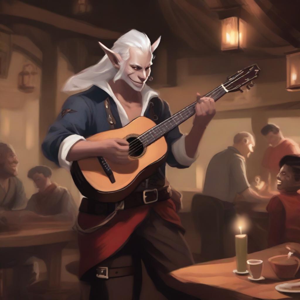 A young Tiefling bard with small horns and white hair, holding a lute in one hand and a rapier on his belt, singing joyfully in a lively tavern