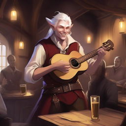 A young Tiefling bard with small horns and white hair, holding a lute in one hand and a rapier on his belt, singing joyfully in a lively tavern