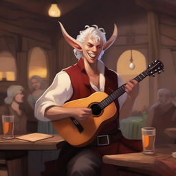 A young Tiefling bard with small horns and white hair, holding a lute in one hand and a rapier on his belt, singing joyfully in a lively tavern