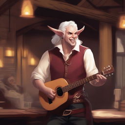 A young Tiefling bard with small horns and white hair, holding a lute in one hand and a rapier on his belt, singing joyfully in a lively tavern