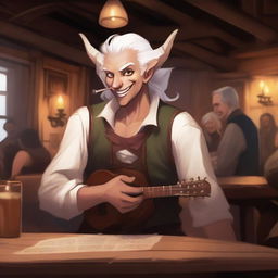 A young Tiefling bard with white hair, holding a lute in one hand and a rapier on his back, singing joyfully in a lively tavern