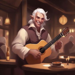 A young Tiefling bard with white hair, holding a lute in one hand and a rapier on his back, singing joyfully in a lively tavern