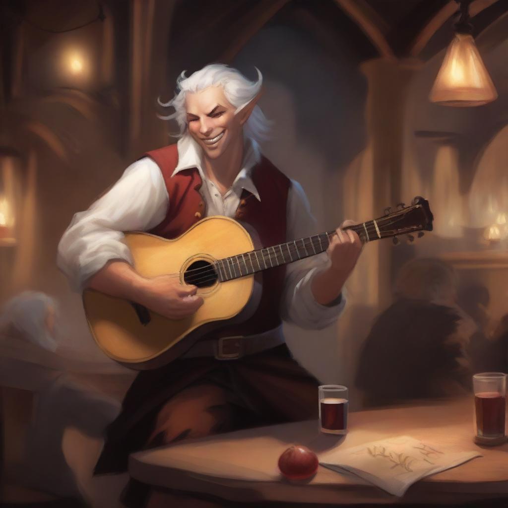 A young Tiefling bard with white hair, holding a lute in one hand and a rapier on his back, singing joyfully in a lively tavern