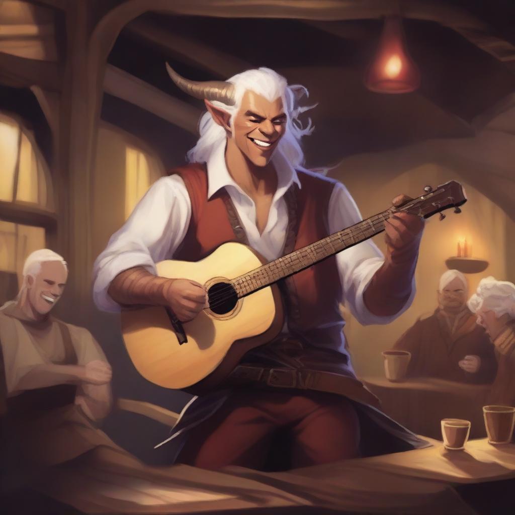 A Tiefling bard with white hair, holding a lute in one hand and a rapier on his back, singing joyfully in a lively tavern