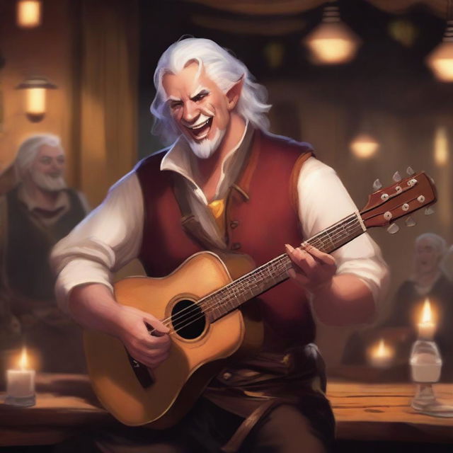 A Tiefling bard with white hair, holding a lute in one hand and a rapier on his back, singing joyfully in a lively tavern