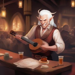 A Tiefling bard with white hair, holding a lute in one hand and a rapier on his back, singing joyfully in a lively tavern