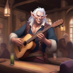 A Tiefling bard with white hair, holding a lute in one hand and a rapier on his back, singing joyfully in a lively tavern