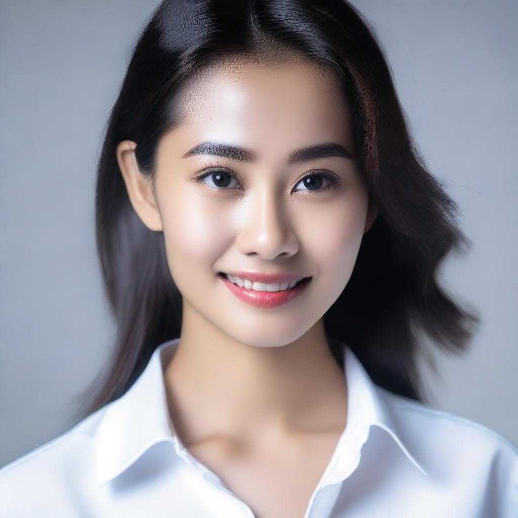 A 25-year-old Indonesian woman with a beautiful face and white skin, wearing a tight white shirt