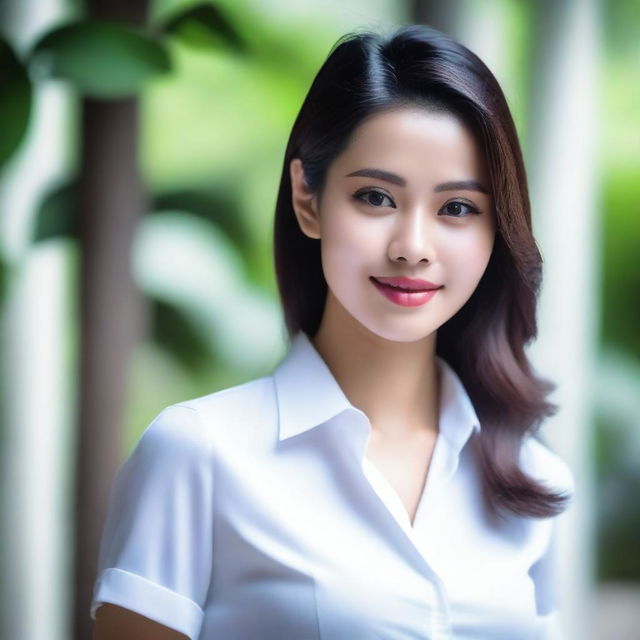 A 25-year-old Indonesian woman with a beautiful face and white skin, wearing a tight white shirt