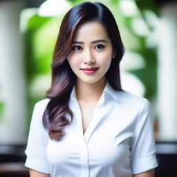 A 25-year-old Indonesian woman with a beautiful face and white skin, wearing a tight white shirt