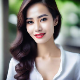 A 25-year-old Indonesian woman with a beautiful face and white skin, wearing a tight white shirt