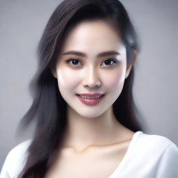 A 25-year-old Indonesian woman with white skin and a beautiful face, wearing a sexy tight white shirt