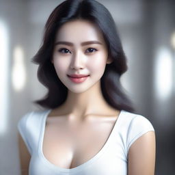 A 25-year-old Indonesian woman with white skin and a beautiful face, wearing a sexy tight white shirt