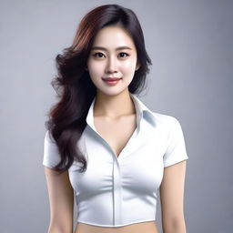 A 25-year-old Indonesian woman with white skin and a beautiful face, wearing a sexy tight white shirt