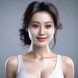 A 25-year-old Indonesian woman with white skin and a beautiful face, wearing a sexy tight white shirt