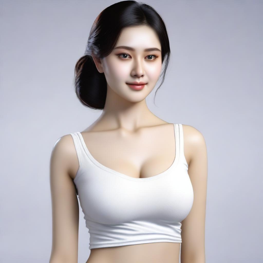 A 25-year-old Indonesian woman with white skin and a beautiful face, wearing a sexy tight white shirt