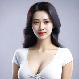 A 25-year-old Indonesian woman with white skin and a beautiful face, wearing a sexy tight white shirt