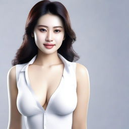 A 25-year-old Indonesian woman with white skin and a beautiful face, wearing a sexy tight white shirt