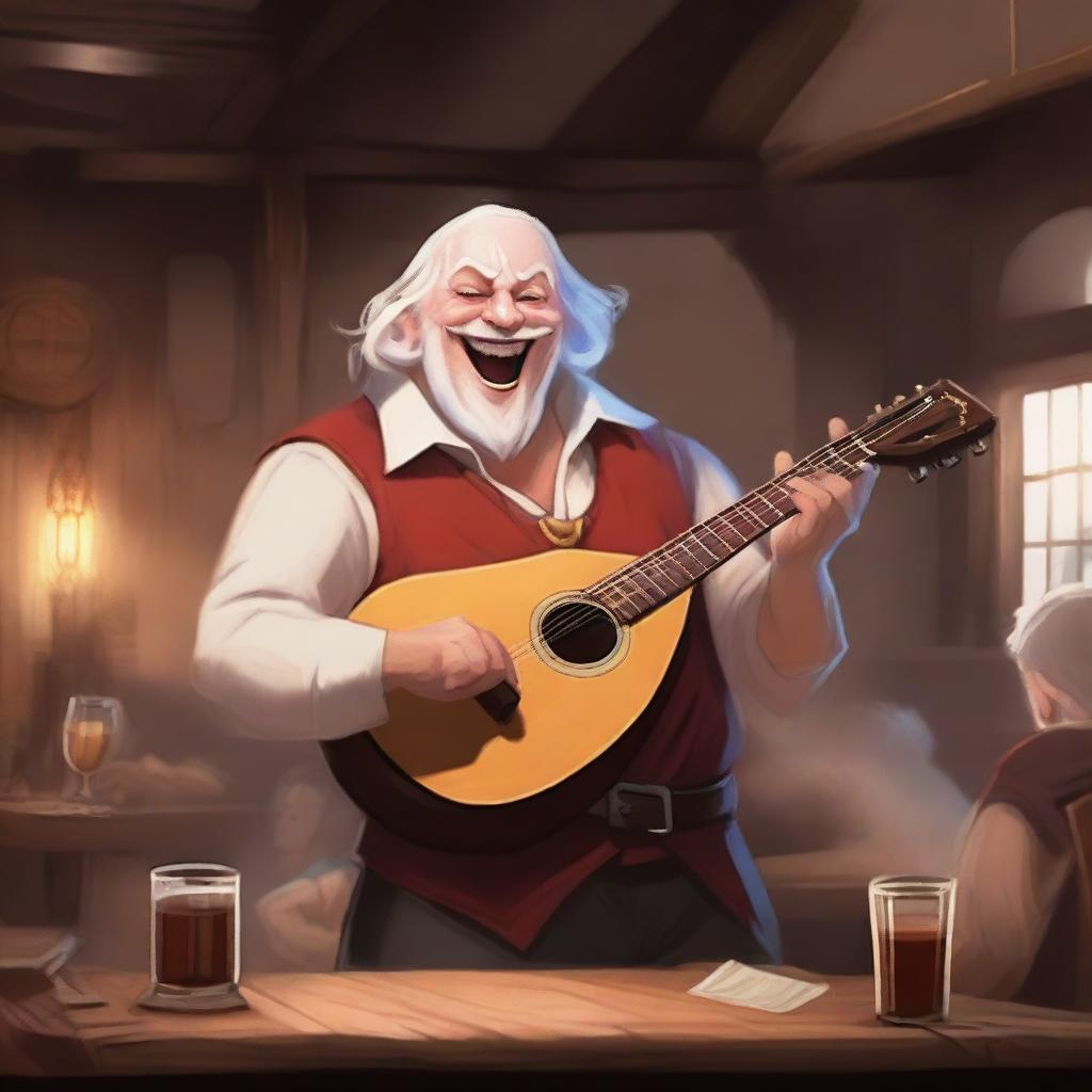 A red-skinned bard with small horns and white hair, holding a lute in one hand and a rapier on his back, singing joyfully in a lively tavern