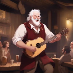 A red-skinned bard with small horns and white hair, holding a lute in one hand and a rapier on his back, singing joyfully in a lively tavern