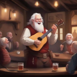 A red-skinned bard with small horns and white hair, holding a lute in one hand and a rapier on his back, singing joyfully in a lively tavern