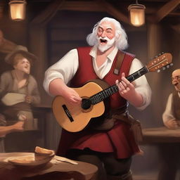 A red-skinned bard with small horns and white hair, holding a lute in one hand and a rapier on his back, singing joyfully in a lively tavern