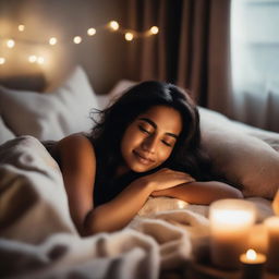 A scene featuring a dusky-skinned woman lying in bed