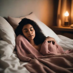 A scene featuring a dusky-skinned woman lying in bed